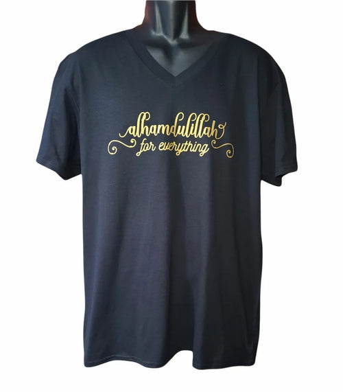 Black V-neck Islamic t-shirt with gold Alhamdulillah for everything script, modest Muslim faith apparel, Ramadan and Eid clothing, inspirational Islamic gratitude shirt for everyday wear