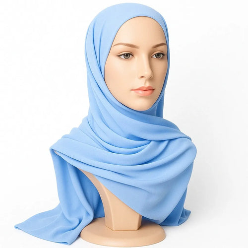 Baby blue two in one chiffon hijab with attached undercap, lightweight breathable modest Islamic headscarf for women, easy slip on sky blue flowy wrap hijab from Affordable Hijab USA