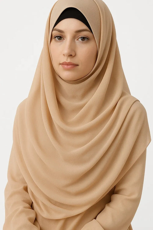 Beige chiffon hijab scarf for women, nude modest headscarf, soft lightweight breathable Muslim wrap, full coverage neutral everyday hijab, elegant drape styling