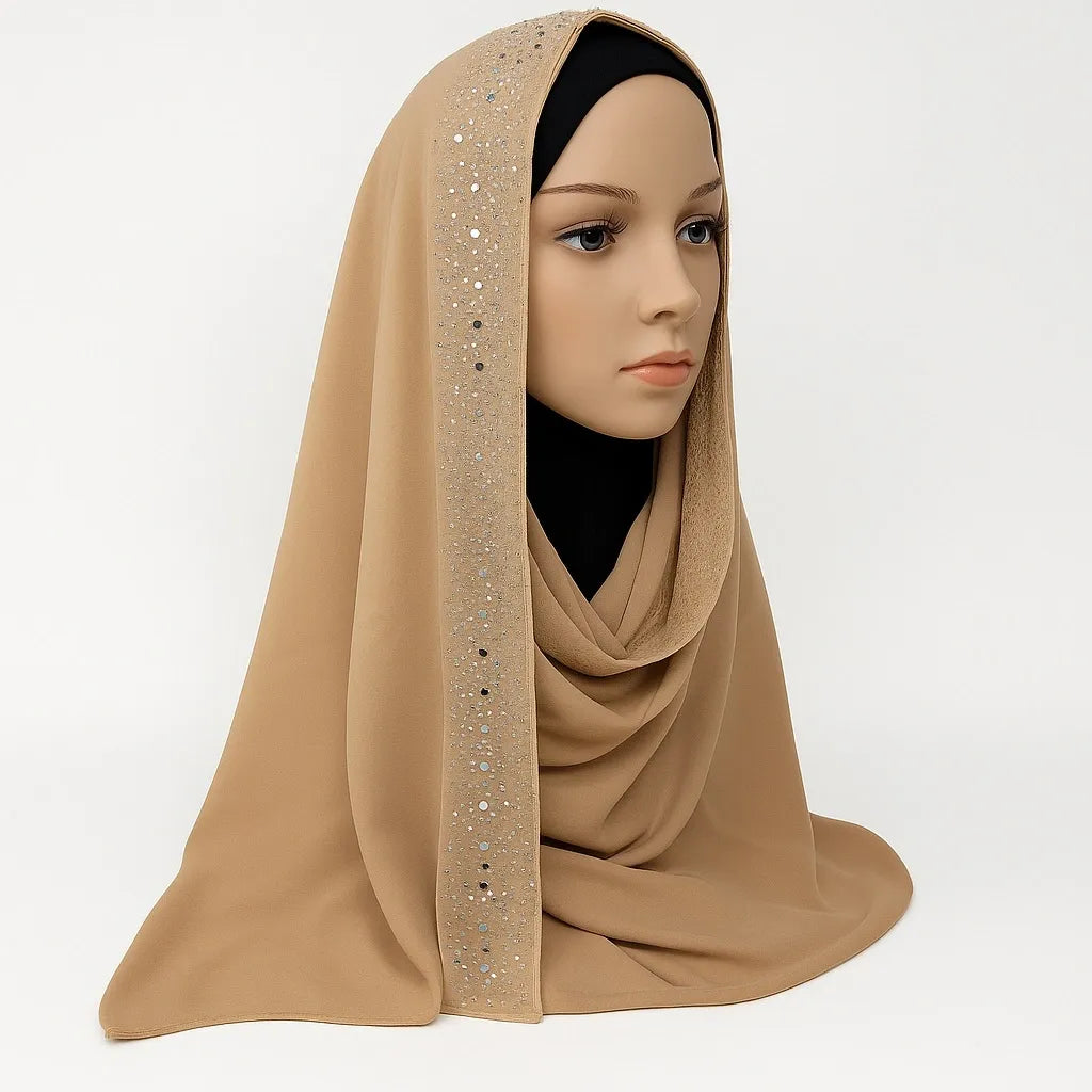 Beige chiffon hijab with rhinestone edge detail elegant modest headscarf for women
