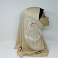 Beige one piece hijab with lace side detail, full coverage modest headscarf, soft draped fabric, elegant ready to wear hijab for daily wear, formal events and special occasions