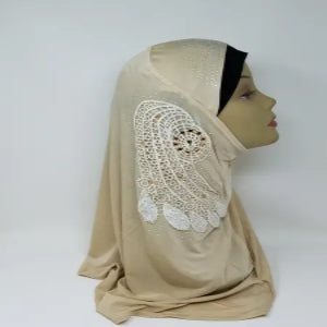 Beige one piece hijab with lace side detail, full coverage modest headscarf, soft draped fabric, elegant ready to wear hijab for daily wear, formal events and special occasions