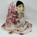 beige pink floral chiffon hijab lightweight breathable flowy fabric modest Muslim headscarf soft elegant drape hijab flower print full coverage stylish scarf for women