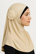 beige rhinestone flower one piece hijab for women ready to wear modest Muslim headwear pull on hijab with decorative flower detail