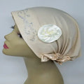 beige turban headwrap with rhinestone design and flower detail soft stretch fabric modest headwear for women elegant full coverage turban comfortable daily wear and special occasions