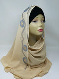 Beige hijab scarf with rhinestone embellishments along the edges, nude modest headscarf, soft flowing hijab for everyday wear and special occasions