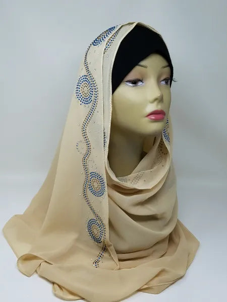 Beige hijab scarf with rhinestone embellishments along the edges, nude modest headscarf, soft flowing hijab for everyday wear and special occasions