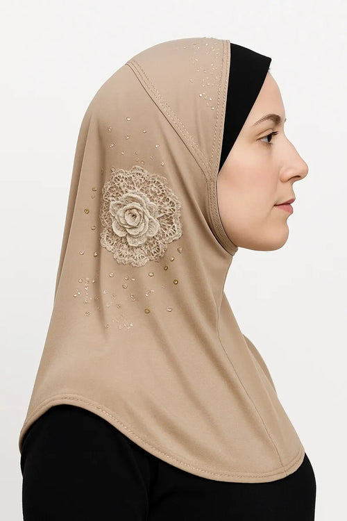beige rhinestone one piece hijab for women ready to wear modest Muslim headwear elegant pull on hijab with sparkling rhinestones