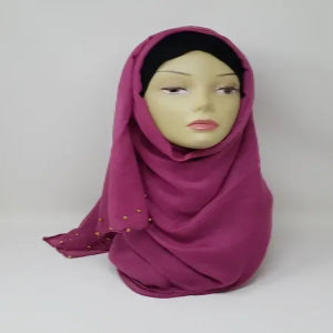 berry color hijab scarf with gold bead detailing soft fabric modest fashion head covering elegant full coverage style for women lightweight comfortable drape for everyday and special occasions