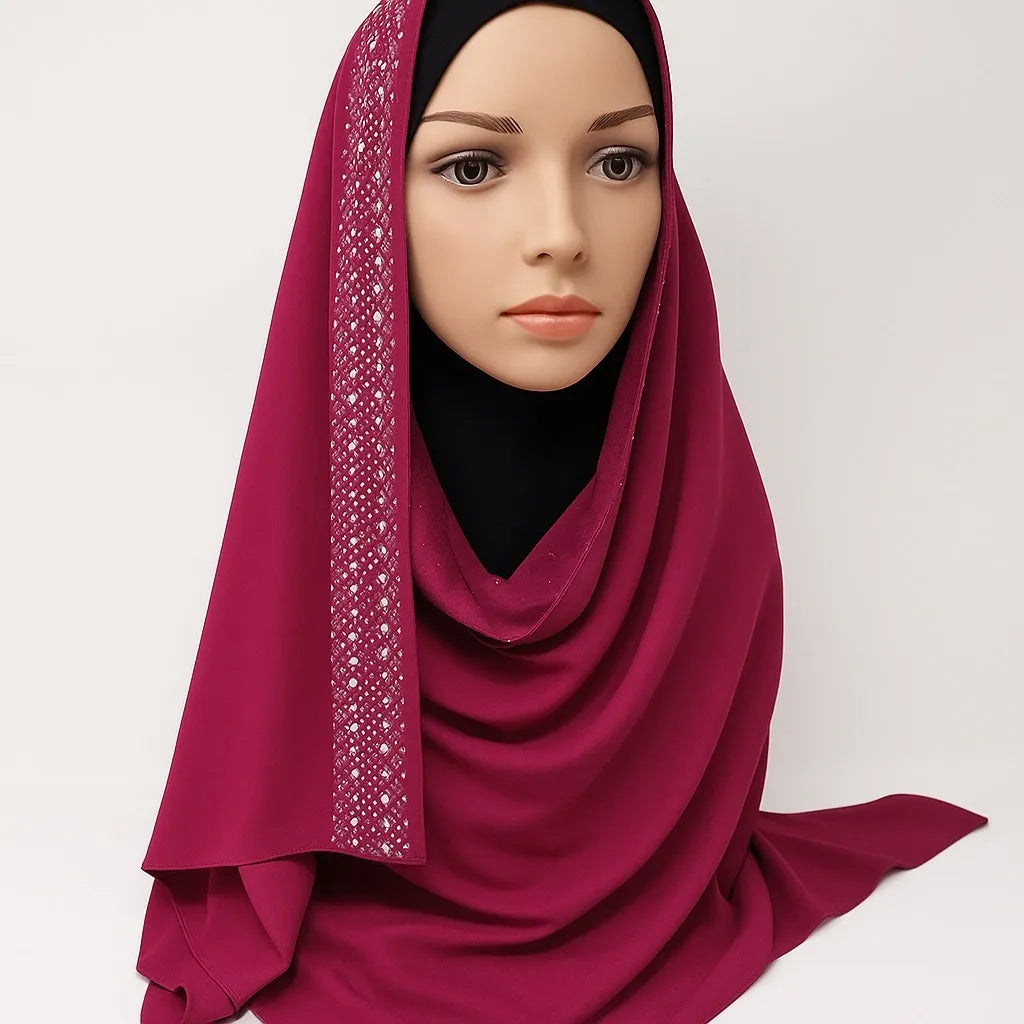 Berry chiffon hijab with rhinestone edge detail elegant modest headscarf for women