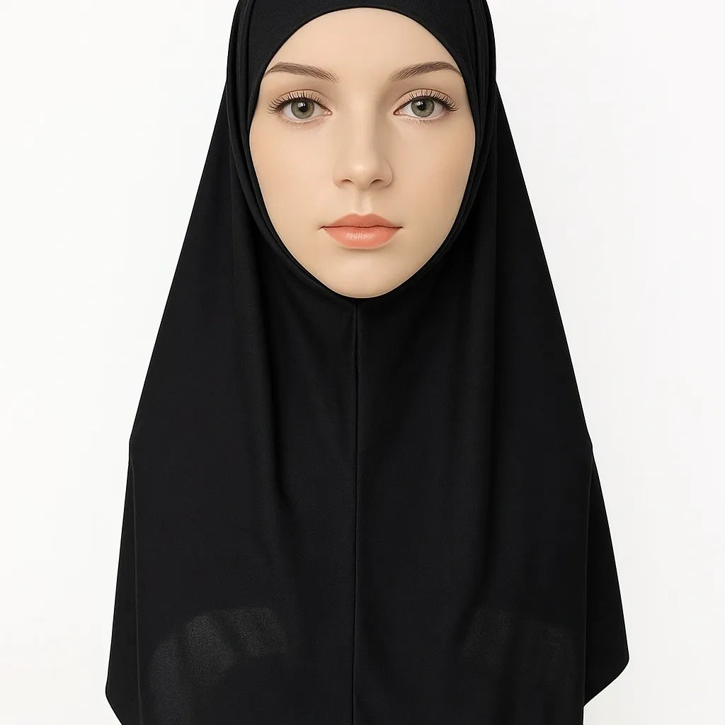 Black 2-piece khimar hijab set in heavy jersey fabric with full drape coverage and stretch undercap, modest Muslim women headwear, long flowing khimar scarf for prayer, daily wear, and modest fashion styling