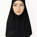 Black 2-piece khimar hijab set in heavy jersey fabric with full drape coverage and stretch undercap, modest Muslim women headwear, long flowing khimar scarf for prayer, daily wear, and modest fashion styling