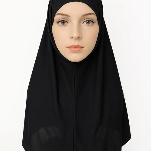 Black 2-piece khimar hijab set in heavy jersey fabric with full drape coverage and stretch undercap, modest Muslim women headwear, long flowing khimar scarf for prayer, daily wear, and modest fashion styling