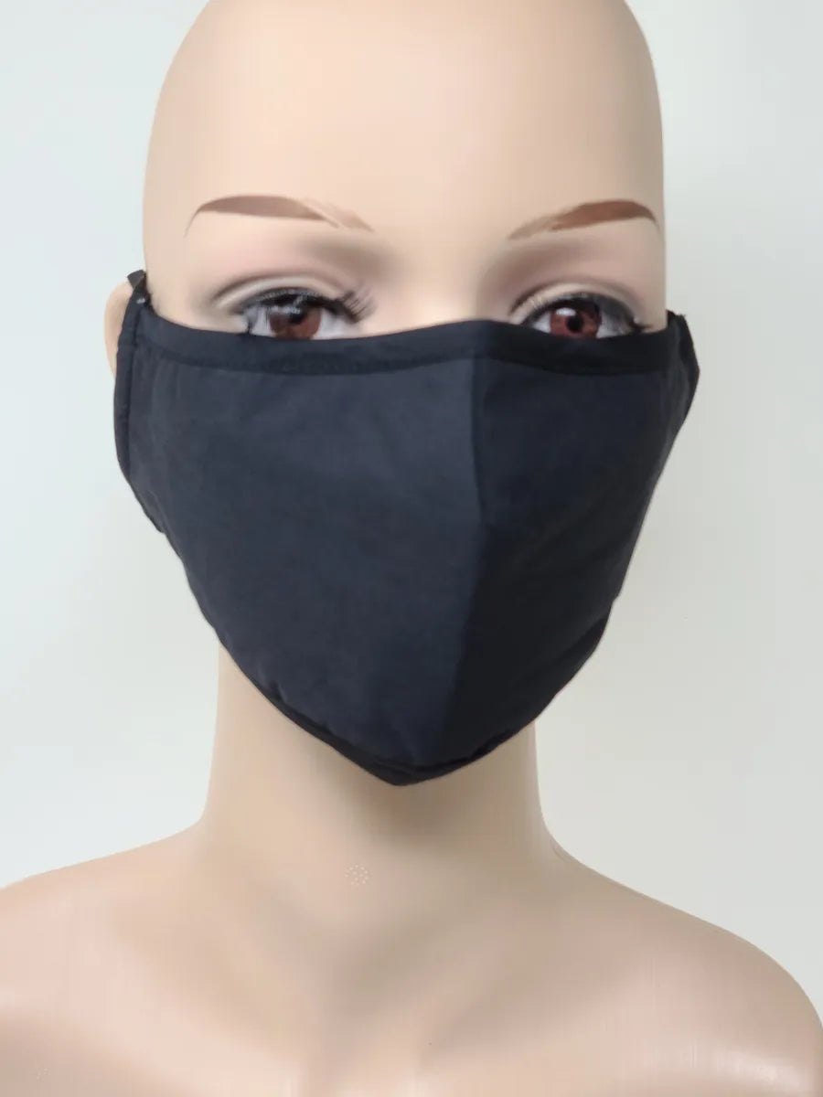 Black adjustable reusable face mask for women, washable breathable fabric face covering with adjustable ear straps, comfortable everyday cloth mask