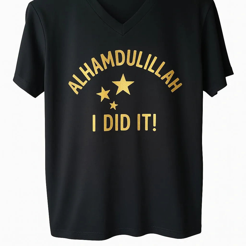 Black Alhamdulillah I Did It Islamic t-shirt with gold lettering and star design, Muslim graduation shirt, faith achievement apparel, modest short sleeve Islamic clothing for Ramadan Eid celebration