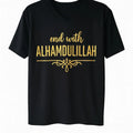 Black Alhamdulillah Islamic t-shirt with gold Arabic calligraphy style lettering, modest Muslim faith apparel for women and men, short sleeve gratitude shirt for Ramadan Eid and everyday wear