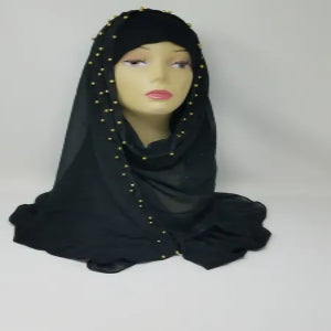 black beaded chiffon hijab scarf lightweight breathable flowy fabric modest muslim headscarf elegant drape hijab with bead detail full coverage stylish scarf for women