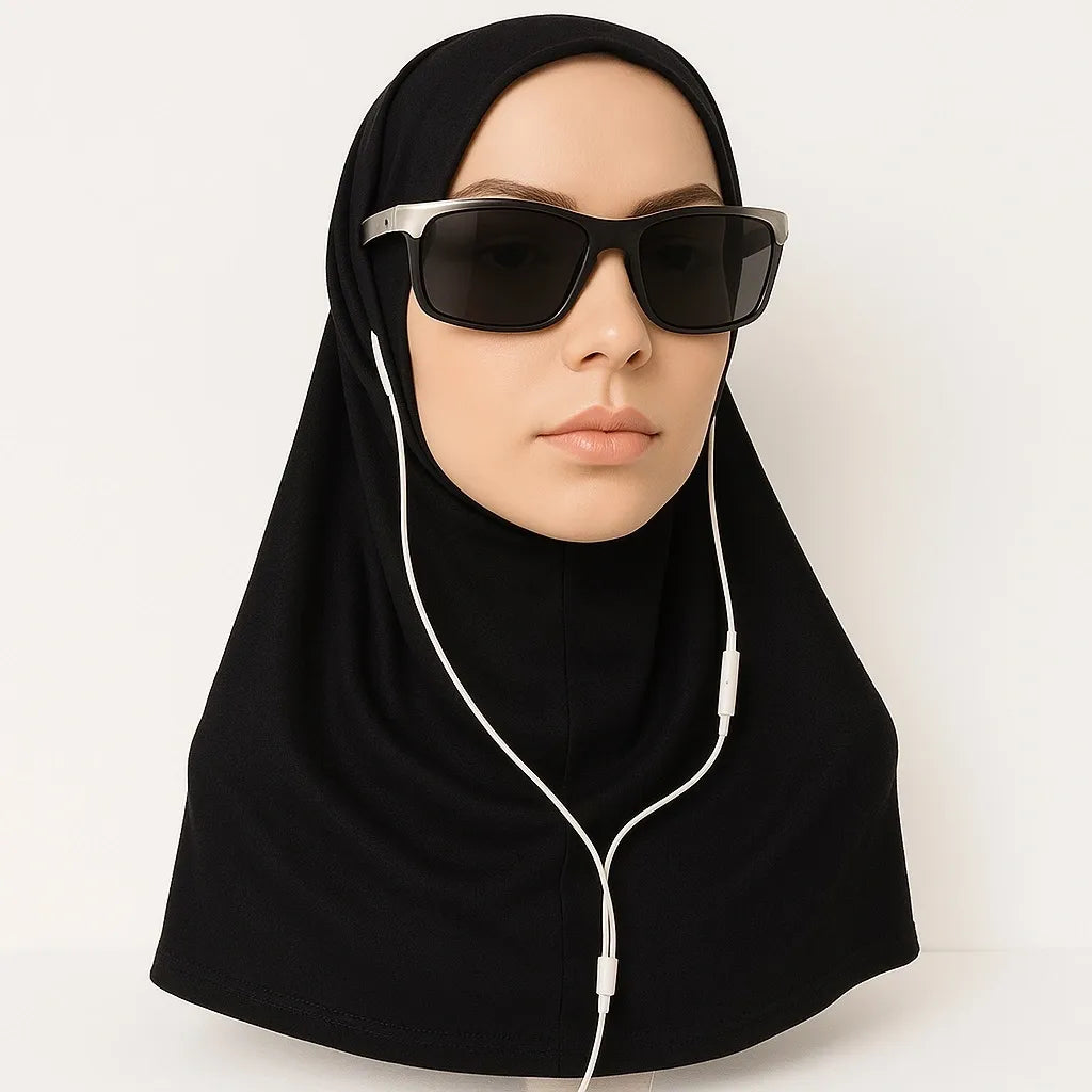 Black cotton one piece instant hijab styled on mannequin with sunglasses, soft breathable pull on modest headscarf for everyday wear USA