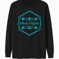 Black Dhul Hijjah Islamic long sleeve shirt with teal geometric badge design, modest Muslim full sleeve top for men and women by Affordable Hijab USA