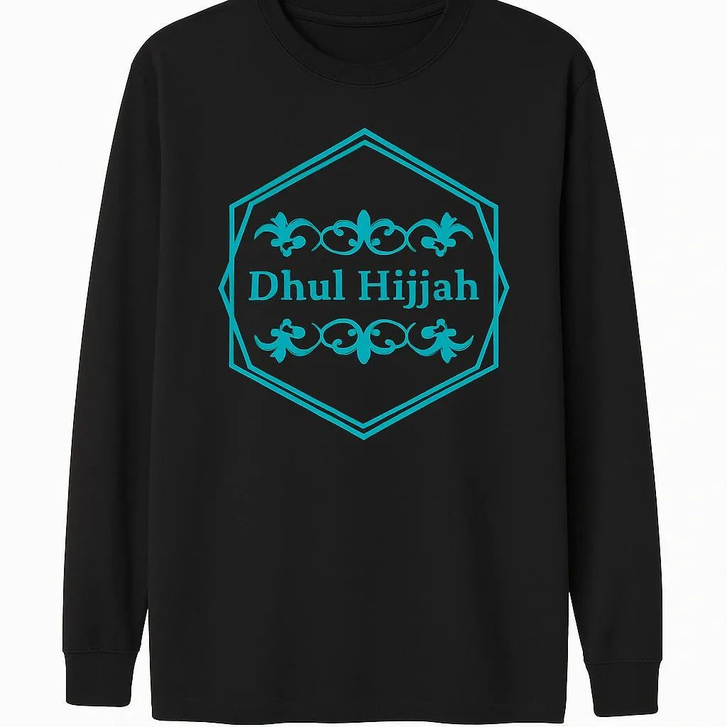 Black Dhul Hijjah Islamic long sleeve shirt with teal geometric badge design, modest Muslim full sleeve top for men and women by Affordable Hijab USA