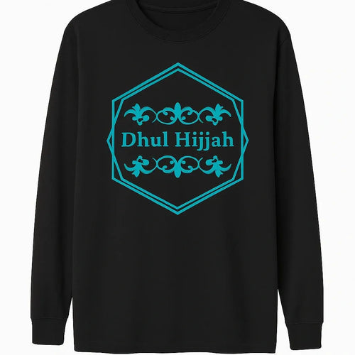 Black Dhul Hijjah Islamic long sleeve shirt with teal geometric badge design, modest Muslim full sleeve top for men and women by Affordable Hijab USA