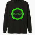 Black Dhul Qadah Islamic long sleeve shirt with green circular frame design, modest Muslim full sleeve top for men and women by Affordable Hijab USA