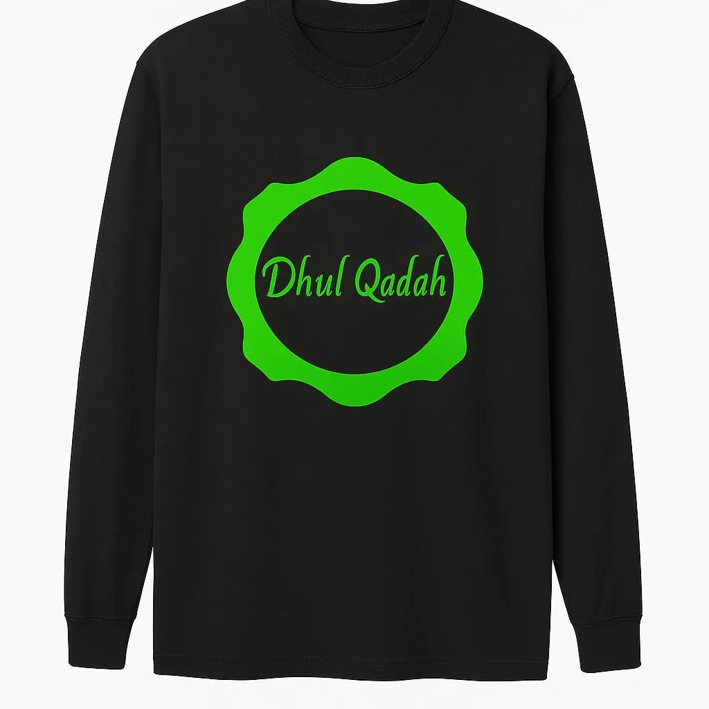 Black Dhul Qadah Islamic long sleeve shirt with green circular frame design, modest Muslim full sleeve top for men and women by Affordable Hijab USA