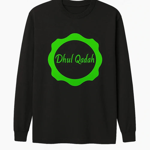 Black Dhul Qadah Islamic long sleeve shirt with green circular frame design, modest Muslim full sleeve top for men and women by Affordable Hijab USA