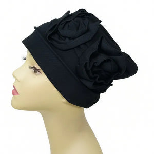 black turban headwrap with large flower design soft stretch fabric modest headwear for women elegant full coverage turban comfortable daily wear and special occasions
