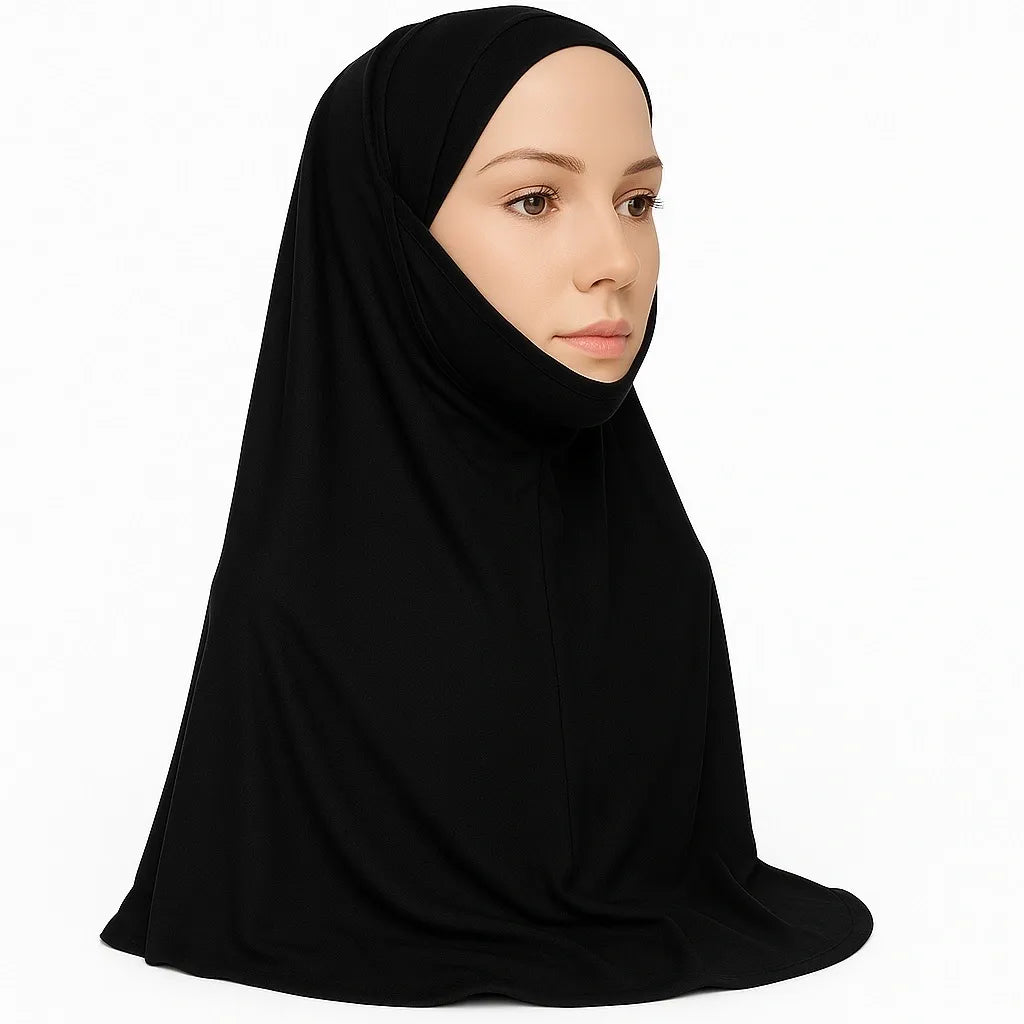 Model wearing black full coverage khimar hijab with soft flowing drape and lightweight breathable fabric, modest Islamic head covering for women, front and side view on white background