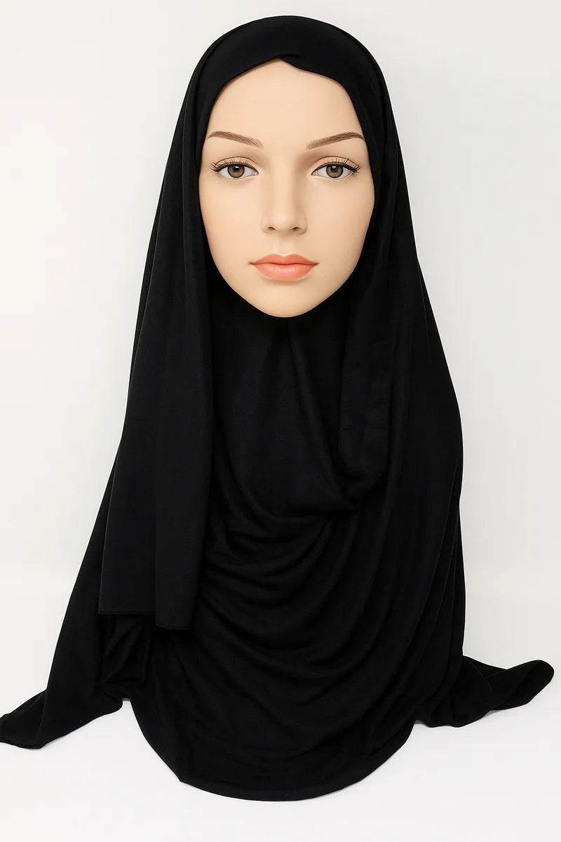 Black full drape khimar hijab in heavy jersey fabric with long front and back coverage, modest Islamic prayer hijab for women, soft stretch layered khimar from Affordable Hijab USA