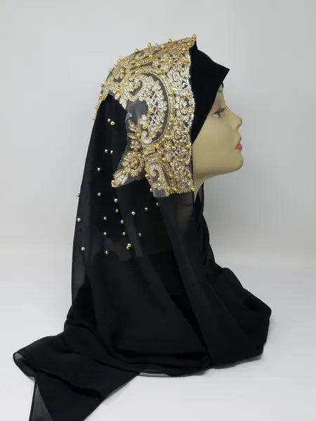 Black hijab scarf with gold beaded embroidery, elegant modest Muslim headscarf with decorative beadwork, long black Islamic scarf for modest fashion from Affordable Hijab USA.