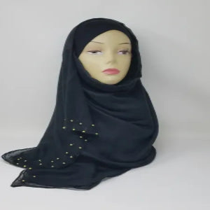 black hijab scarf with gold bead detailing soft fabric modest fashion head covering elegant full coverage style for women lightweight comfortable drape for everyday and special occasions