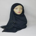 black hijab scarf with gold bead detailing soft fabric modest fashion head covering elegant full coverage style for women lightweight comfortable drape for everyday and special occasions
