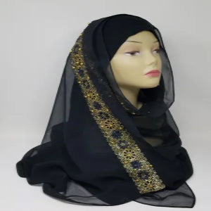 black hijab scarf with gold edge trim soft modest headscarf for women full coverage smooth fabric elegant classic black hijab modest fashion wrap