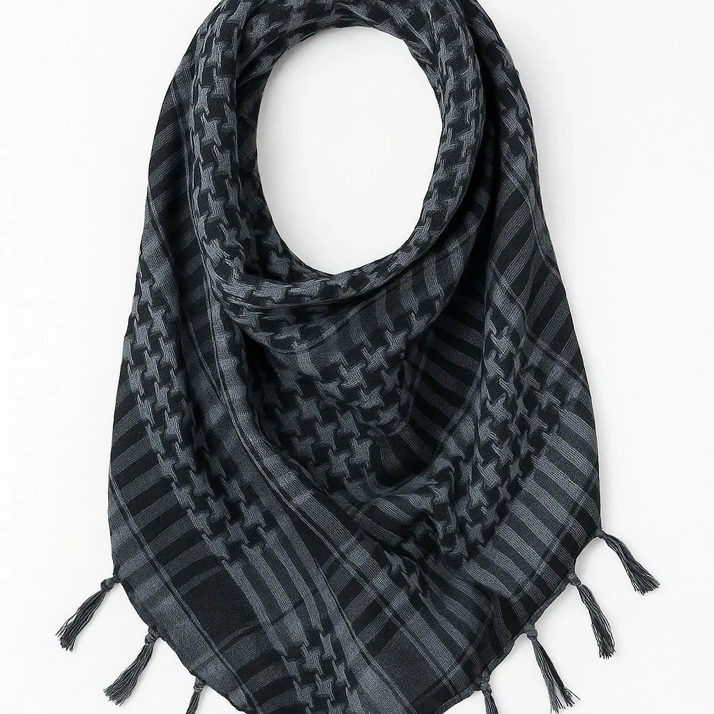 Black and gray keffiyeh scarf with traditional checkered pattern and tassel edges, lightweight square shemagh scarf displayed on white background, classic Arab style scarf from Affordable Hijab USA