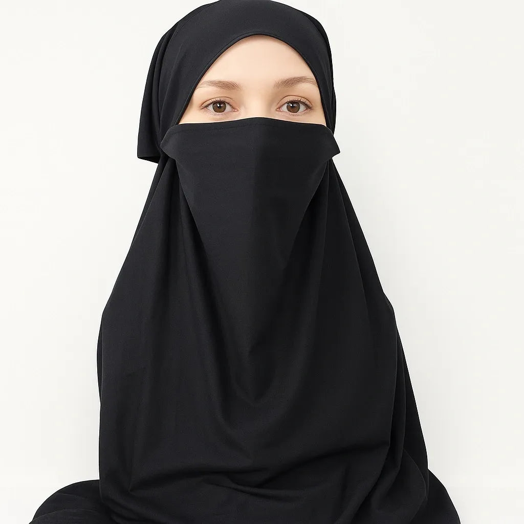 Black heavy jersey one piece niqab full coverage modest face veil thick stretch fabric breathable structured fit