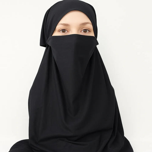 Black heavy jersey one piece niqab full coverage modest face veil thick stretch fabric breathable structured fit