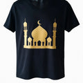 Black Islamic graphic t-shirt featuring gold mosque silhouette design with crescent moon, modest Muslim faith apparel for women and men, short sleeve soft fabric religious shirt for Eid Ramadan daily wear