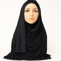 Black jersey hijab scarf with lace trim edge, soft stretch jersey headscarf for women, modest Islamic scarf with delicate lace border, breathable everyday hijab for prayer and casual wear