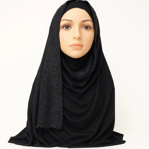Black jersey hijab scarf with lace trim edge, soft stretch jersey headscarf for women, modest Islamic scarf with delicate lace border, breathable everyday hijab for prayer and casual wear