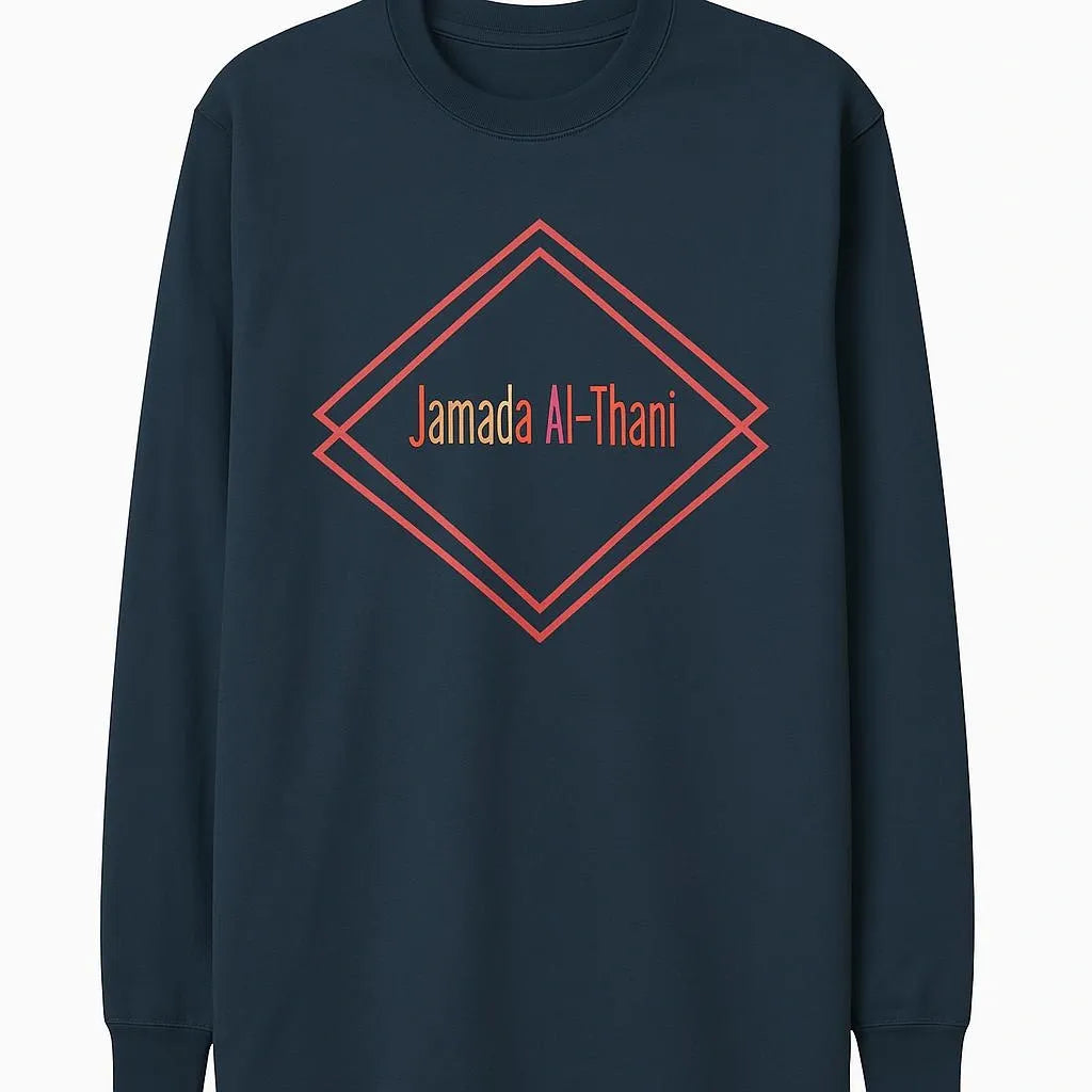 Black Jumada Al-Thani Islamic long sleeve shirt with red geometric diamond design, modest Muslim full sleeve top for men and women by Affordable Hijab USA