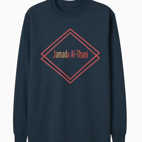 Black Jumada Al-Thani Islamic long sleeve shirt with red geometric diamond design, modest Muslim full sleeve top for men and women by Affordable Hijab USA