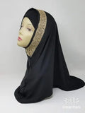 Black khimar hijab with gold trim for women, full coverage modest Islamic prayer hijab, soft flowy khimar with decorative gold edge, elegant long khimar head covering for salah and daily wear, breathable comfortable modest fashion khimar scarf
