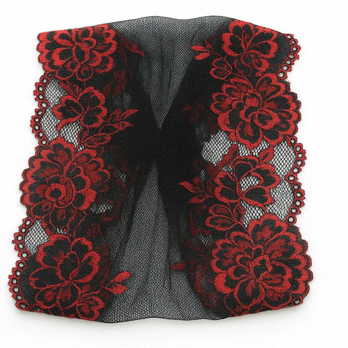 Black lace embroidered headband with red floral design, elegant wide stretch headband for women, modest hair accessory, statement lace head wrap, Affordable Hijab USA