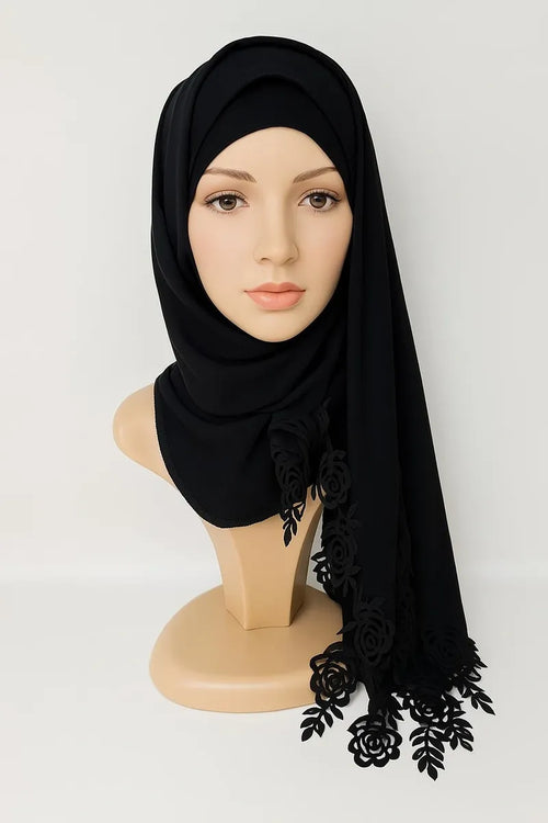 Black lace trim hijab with tassel detail, elegant modest Muslim women headscarf, lightweight draped shawl for Eid events and everyday wear