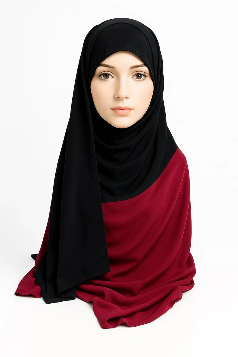 Black long drape hijab scarf for women in soft stretch fabric, modest wrap style shawl, lightweight layered Muslim headscarf for daily wear, prayer, and elegant modest fashion styling