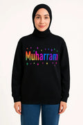 Black Muharram long sleeve shirt for men and women featuring colorful Islamic typography design, modest full sleeve Islamic shirt for religious gatherings and everyday wear by Affordable Hijab USA