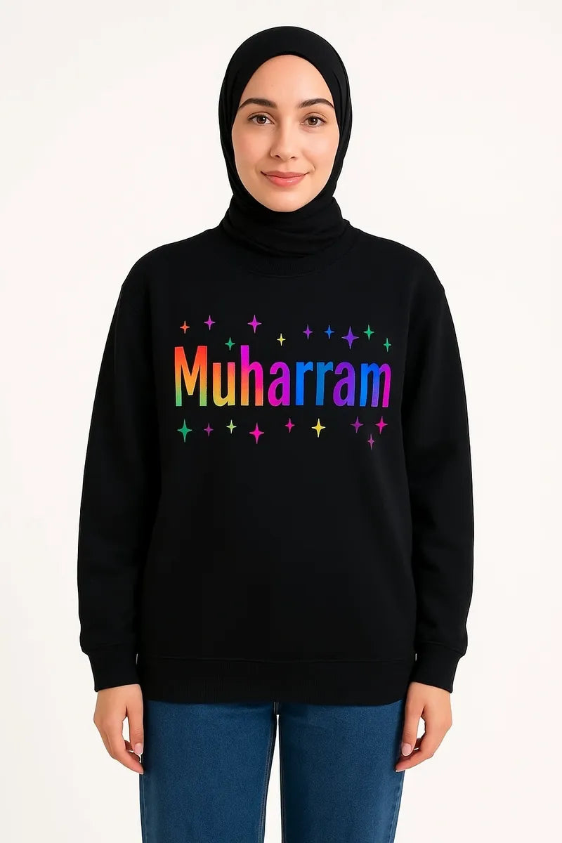 Black Muharram long sleeve shirt for men and women featuring colorful Islamic typography design, modest full sleeve Islamic shirt for religious gatherings and everyday wear by Affordable Hijab USA