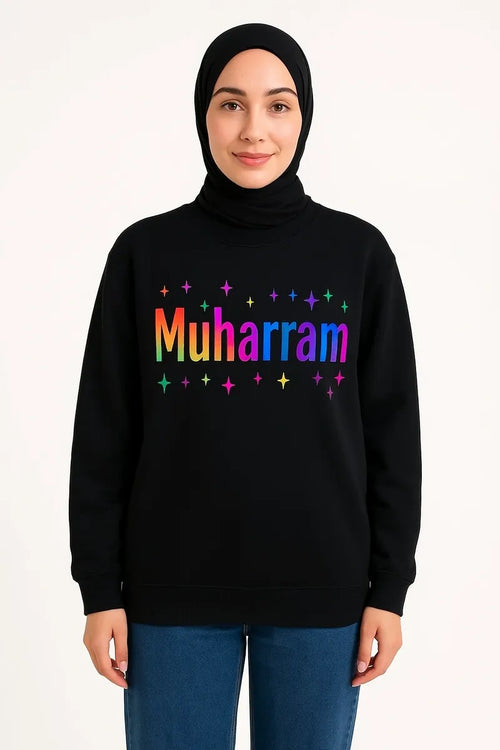 Black Muharram long sleeve shirt for men and women featuring colorful Islamic typography design, modest full sleeve Islamic shirt for religious gatherings and everyday wear by Affordable Hijab USA